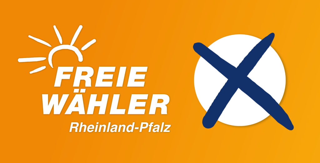Freie Wähler Logo auf orangenem Hintergrund, neben einem Wahlkreuz